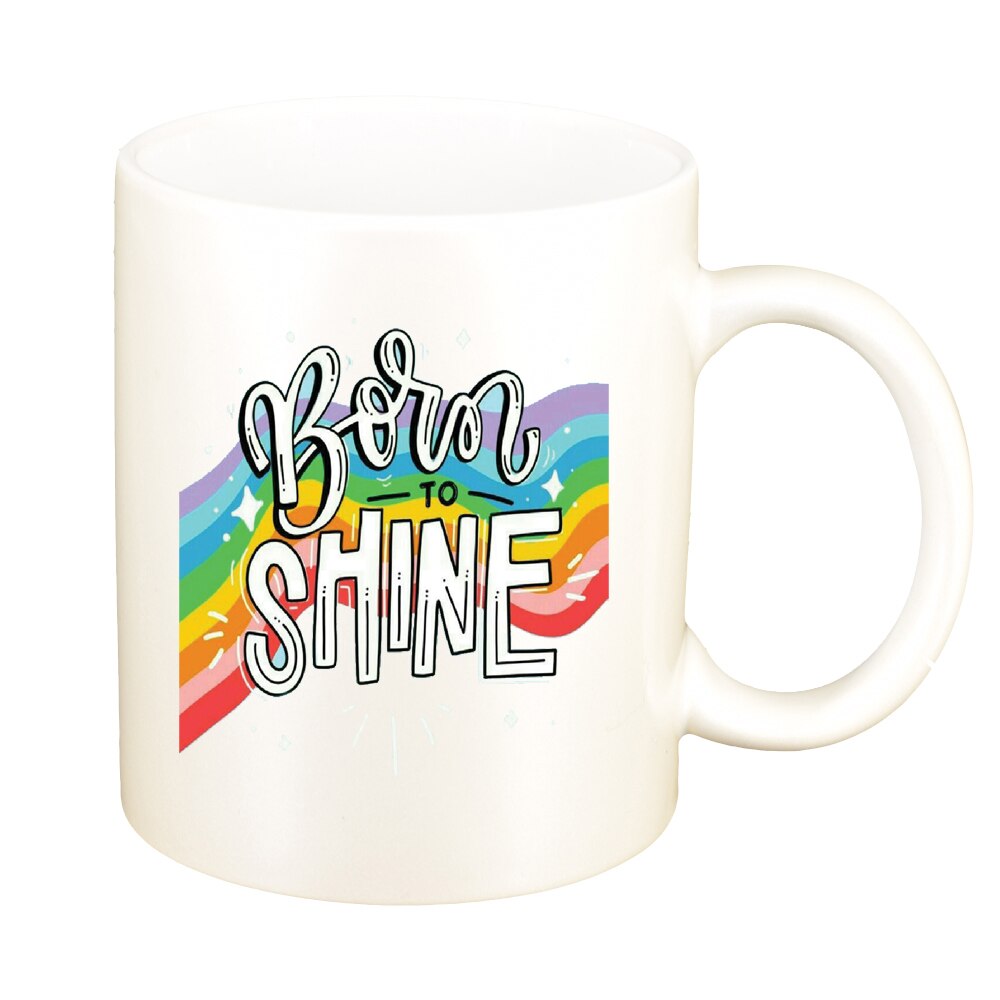 Cana cu mesaj Born to Shine, alb sidefata, 330ml, D1427