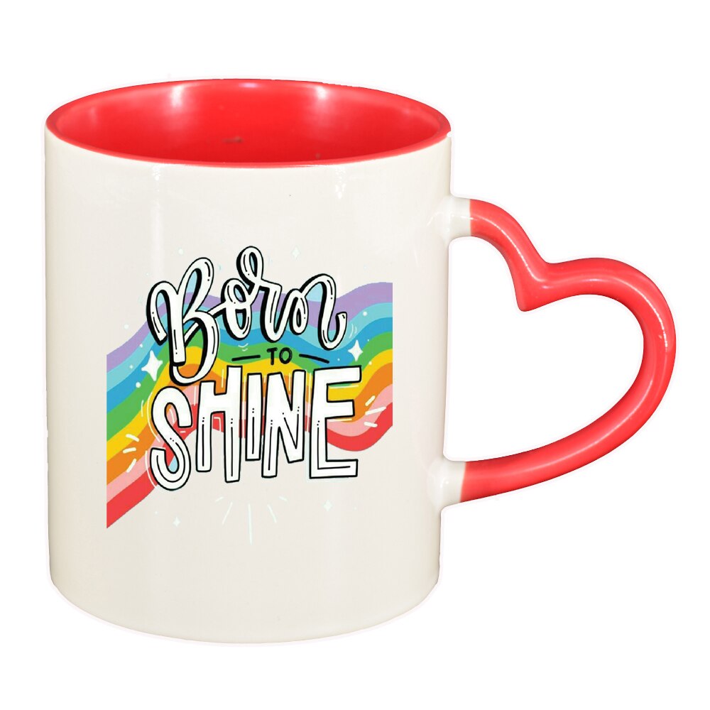 Cana cu mesaj Born to Shine, interior rosu, maner inima, 330ml, D1427