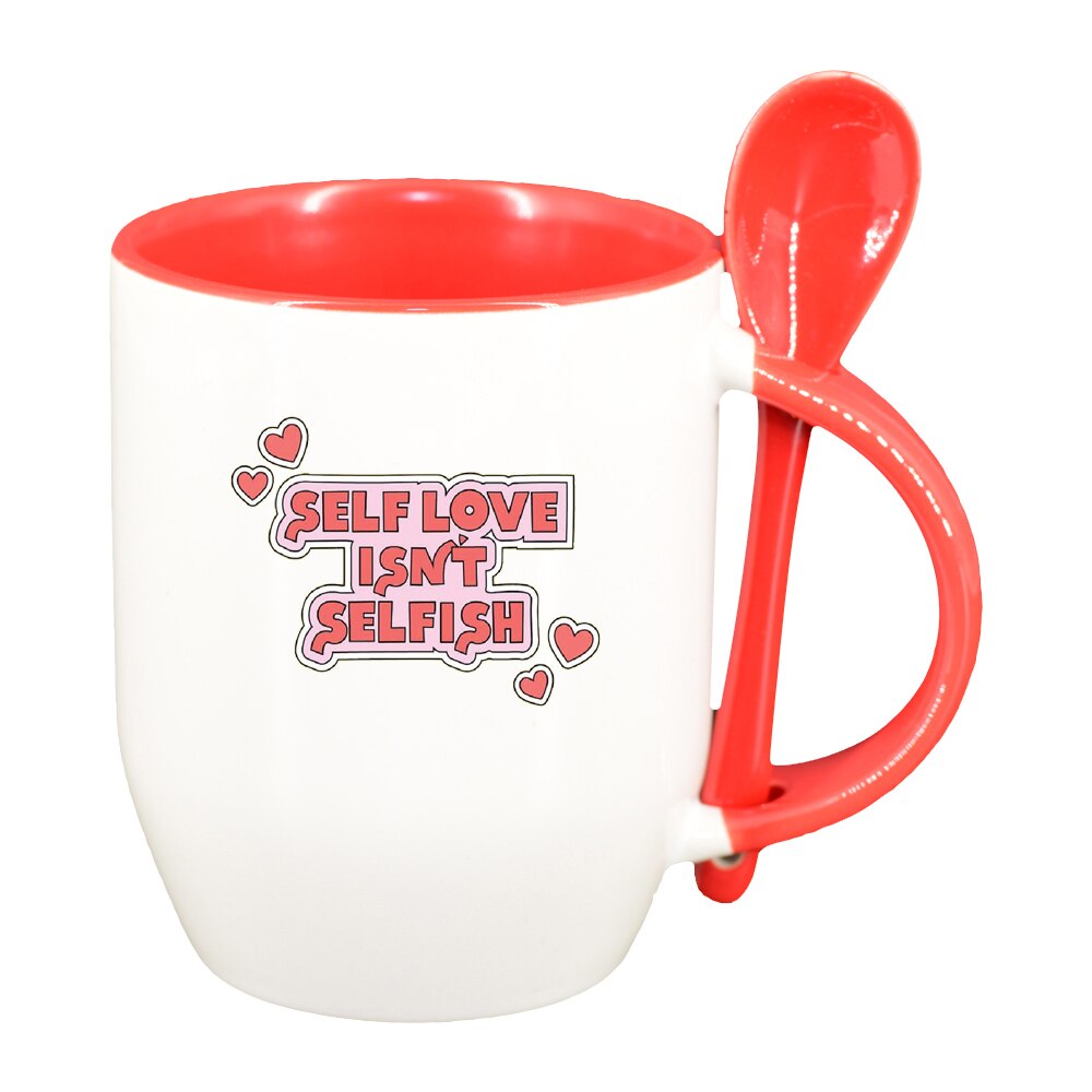 Cana cu mesaj Self Love cu lingurita, interior rosu, 330ml, D1429