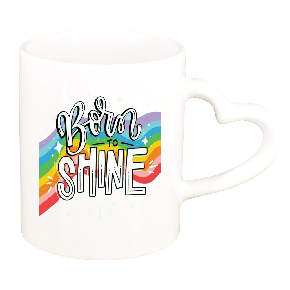 Cana cu mesaj Born to Shine, alb, maner inima, 330ml, D1427
