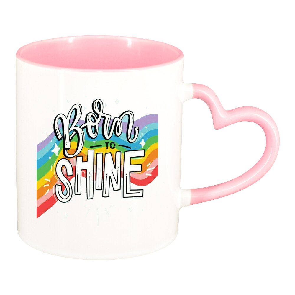 Cana cu mesaj Born to Shine, interior roz, maner inima, 330ml, D1427