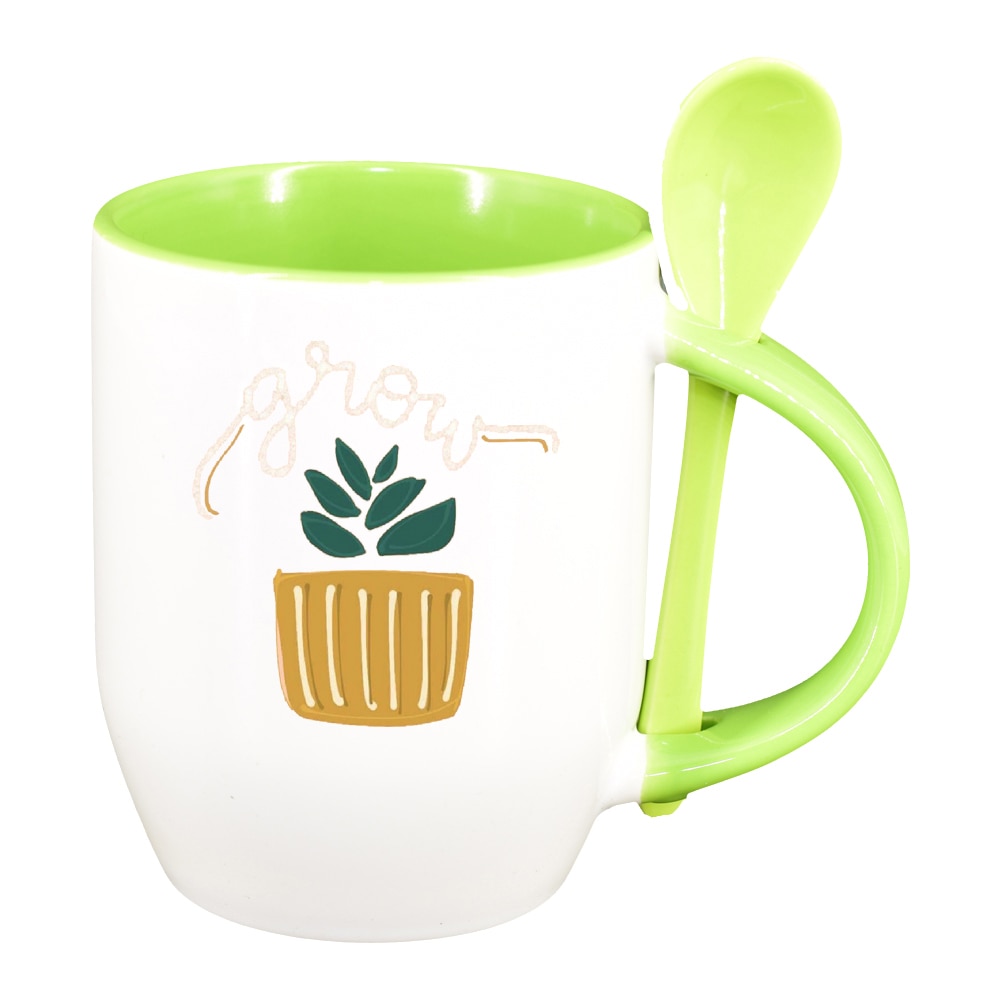 Cana cu mesaj Grow cu lingurita, interior verde deschis, 330ml, D1428