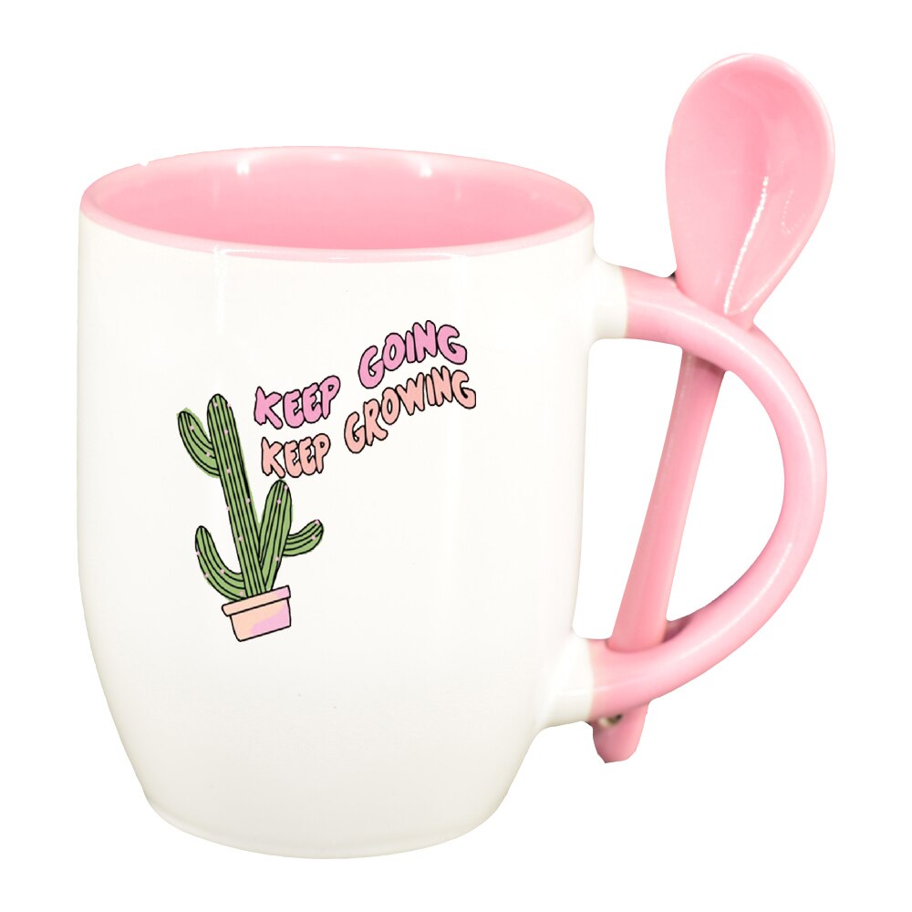 Cana cu mesaj Keep Going cu lingurita, interior roz, 330ml, D1424