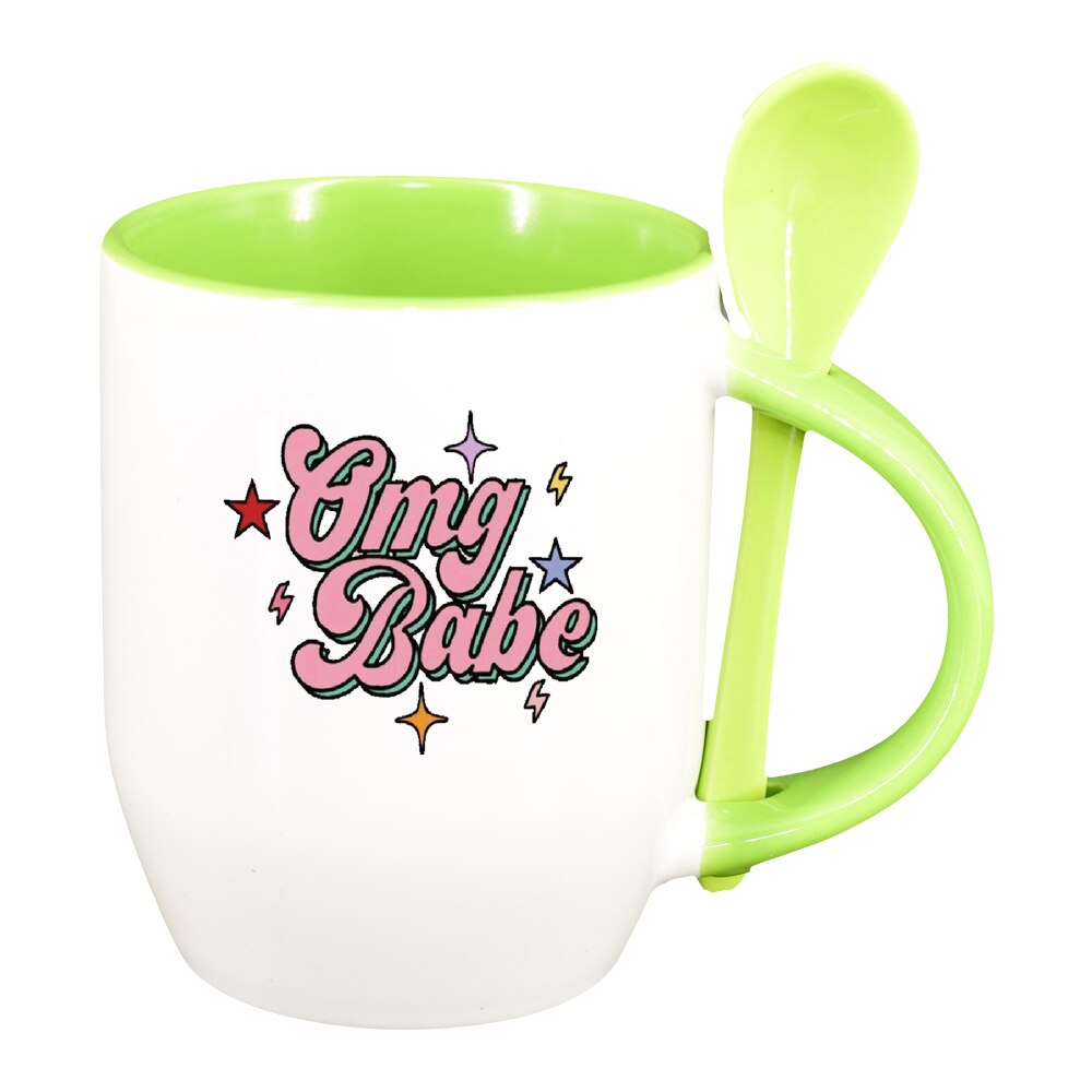 Cana cu mesaj OMG Babe cu lingurita, interior verde deschis, 330ml, D1426