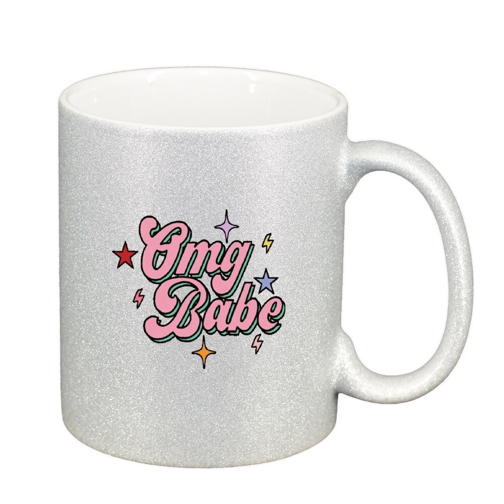 Cana cu mesaj OMG Babe, argintiu sidefata glitter, 330ml, D1426