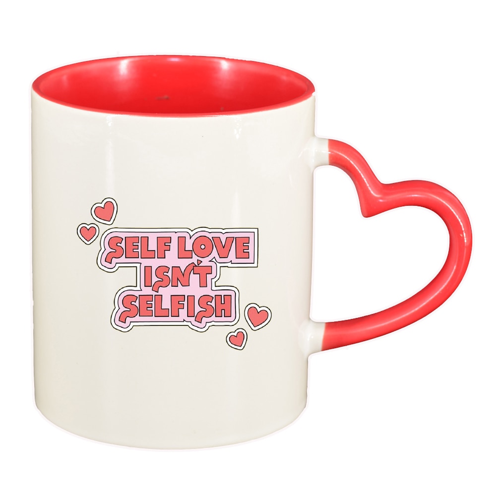 Cana cu mesaj Self Love, interior rosu, maner inima, 330ml, D1429