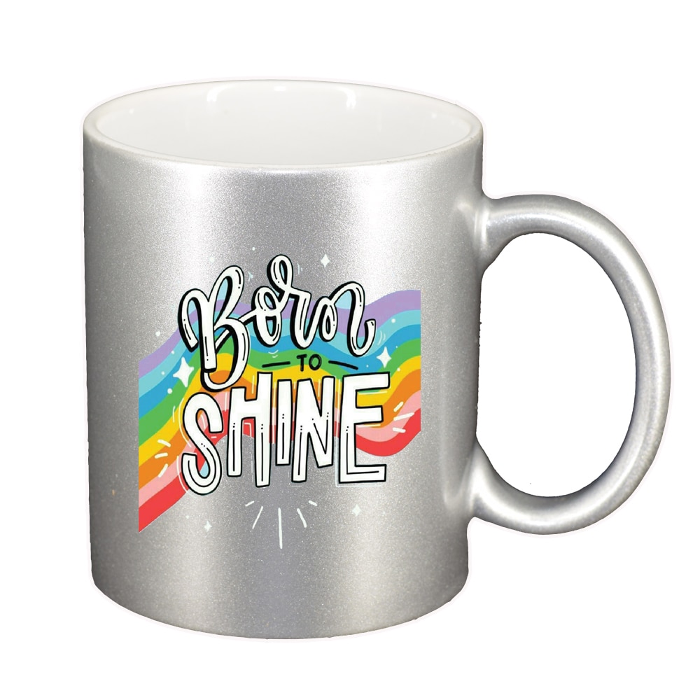 Cana cu mesaj Born to Shine, argintiu sidefata, 330ml, D1427