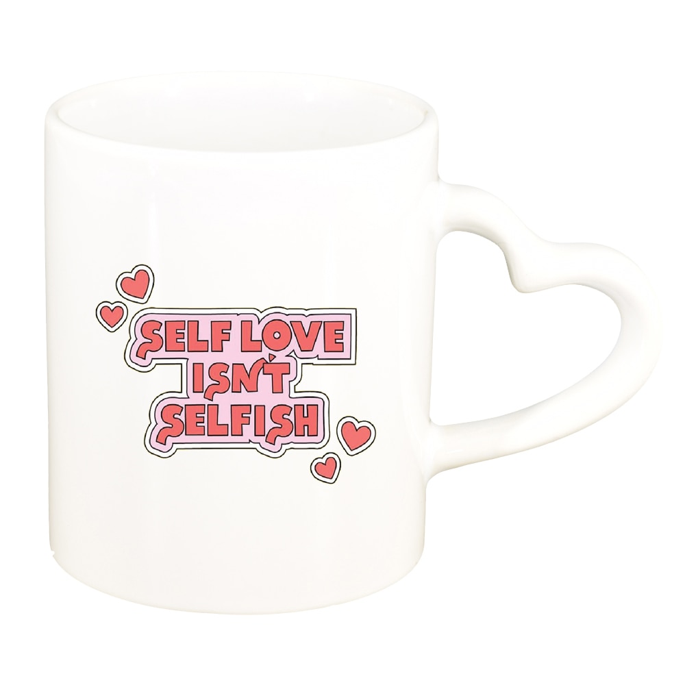 Cana cu mesaj Self Love, alb, maner inima, 330ml, D1429