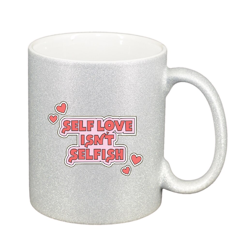 Cana cu mesaj Self Love, argintiu sidefata glitter, 330ml, D1429