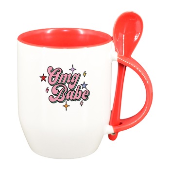 Cana cu mesaj OMG Babe cu lingurita, interior rosu, 330ml, D1426 Cana cu mesaj OMG Babe cu lingurita, interior rosu, 330ml, D1426