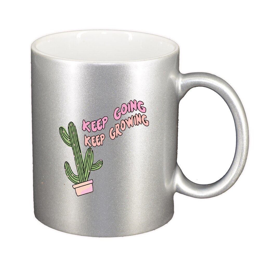 Cana cu mesaj Keep Going, argintiu sidefata, 330ml, D1424