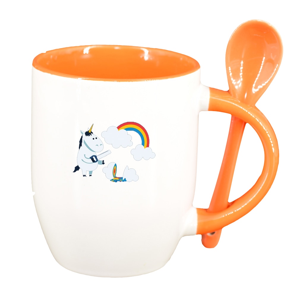 Cana Unicorn - Rainbow cu lingurita, interior portocaliu, 330ml, D1432