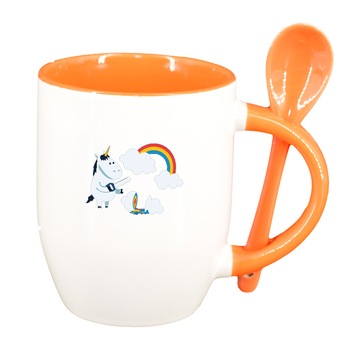 Cana Unicorn - Rainbow cu lingurita, interior portocaliu, 330ml, D1432 Cana Unicorn - Rainbow cu lingurita, interior portocaliu, 330ml, D1432