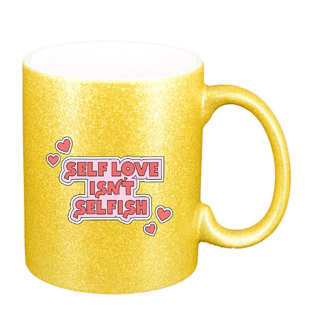Cana cu mesaj Self Love, auriu sidefata glitter, 330ml, D1429