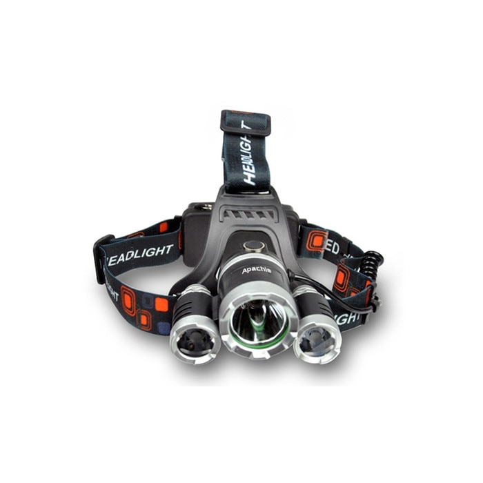 Lanterna de cap, Apachie, 3 LED-uri, 2400 lumeni, 2 acumulari de 1200mAh, 3,7V, neagra-gri