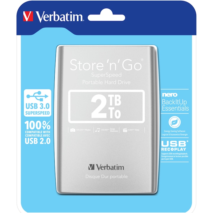 HDD Extern Verbatim Store 'n' Go 2TB, 2.5", USB 3.0, Argintiu