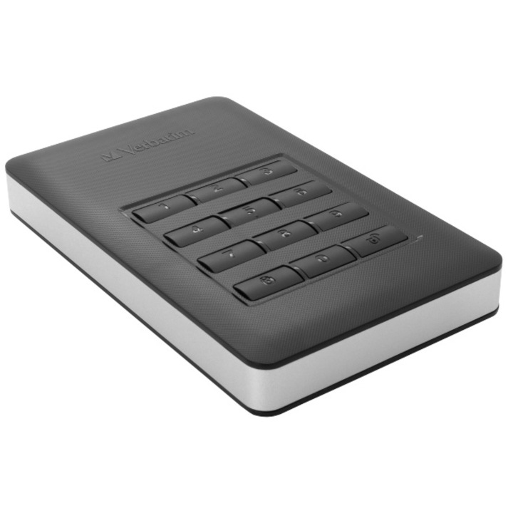 HDD extern Verbatim Secure Portable 2TB, Encriptare hardware AES 256bit cu acces keypad, USB 3.1 Type-C, Negru