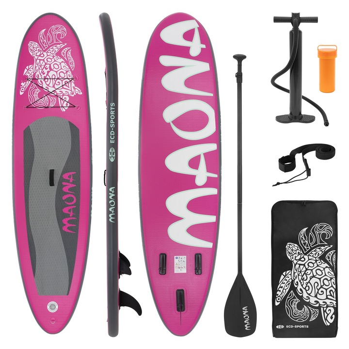 Set placa de surf gonflabila Stand Up Paddle Board Maona cu vasla reglabila ECD Germany, roz, PVC, 308x78x10 cm, capacitate de pana la 120 kg, surfboard, geanta de transport si pompa incluse, SUP