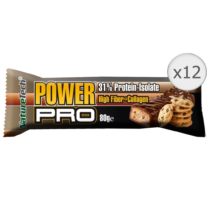 Baton energizant Power Pro 31% proteina, cookies si bucati de ciocolata Nature Tech, 12 buc x 80g