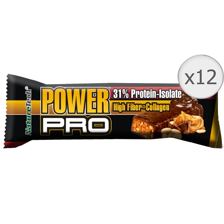 Baton energizant Power Pro 31% proteina, unt de arahide Nature Tech, 12 buc x 80g