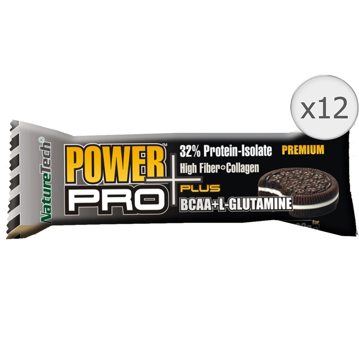 Baton energizant Power Pro Plus 32% proteina, BCAA si L-Glutamina, cookies si frisca Nature Tech, 12 buc x 80g