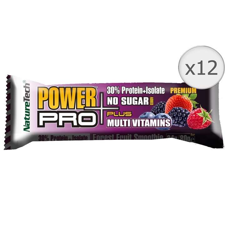 Baton energizant Power Pro Plus 30% proteina Fara Zahar, multivitamine cu aroma de fructe de padure Nature Tech, 12 buc x 80g