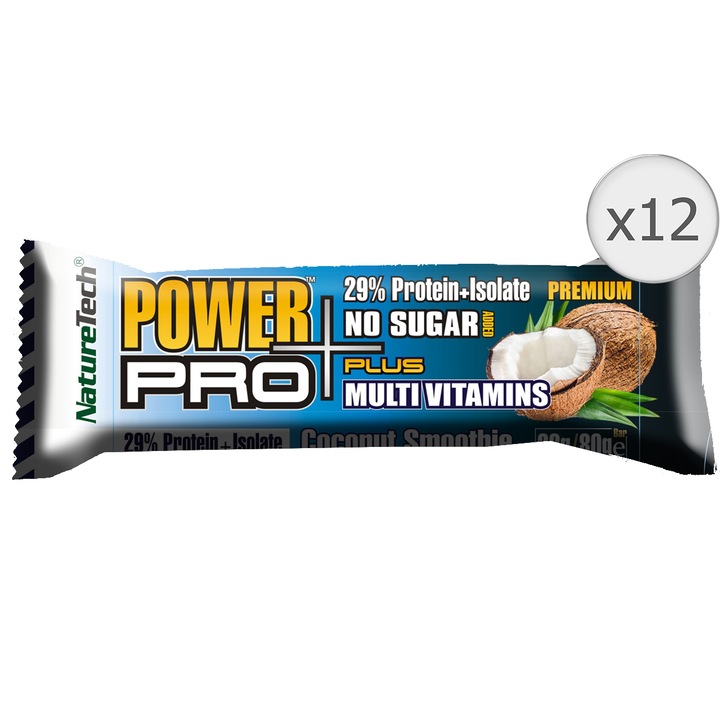 Baton energizant Power Pro Plus 29% proteina Fara Zahar, vitamine cu aroma de cocos Nature Tech, 12 buc x 80g