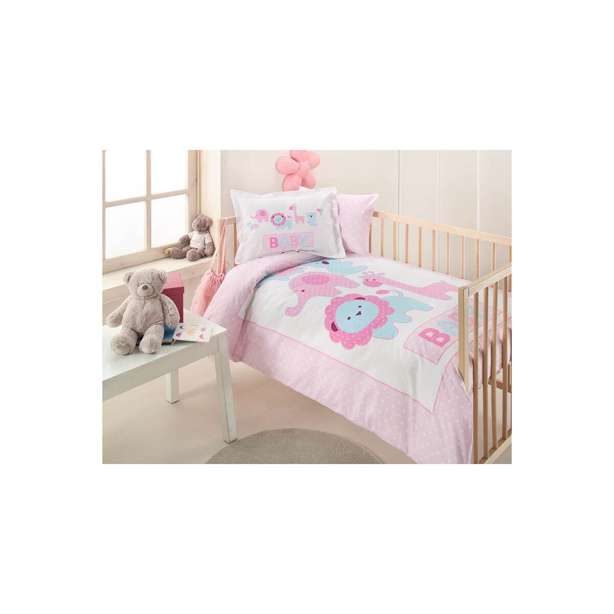 Lenjerie de pat din bumbac 100% Pink Animals 1 pers, 5 piese, 120x180/35x45