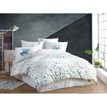 Lenjerie de pat pentru 2 persoane Beverly Hills Polo Club, 100% bumbac ranforce, model BHPC 037 - alb/verde,4 piese Lenjerie de pat pentru 2 persoane Beverly Hills Polo Club, 100% bumbac ranforce, model BHPC 037 - alb/verde,4 piese