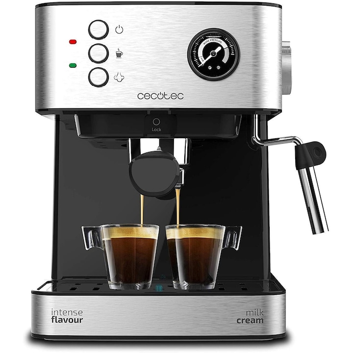Еспресо машина Cecotec Power Espresso, 850 W, 20 bar, 1.5 л, Индикаторна лампа, Технология ForceAroma, Манометър PressurePro, Двоен изход, Черен / Неръждаема стомана