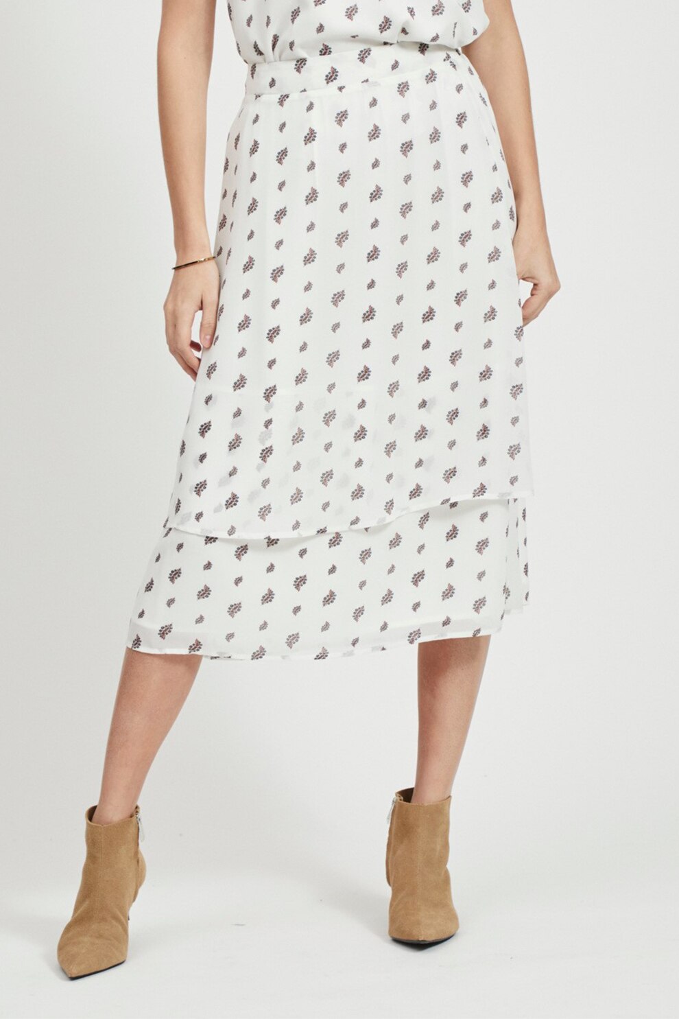 Vila, Fusta midi cu imprimeu paisley, Alb/Gri inchis/Oranj