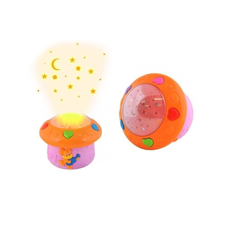 Lampa de veghe cu proiector idealSTORE Baby Dreams, Dimensiuni 16.5 x 15cm, Functie de detectare a vocii, Capacitatea de a schimba volumul, Include 12 melodii, Stimuleaza dezvoltarea abilitatilor si imbunatateste calitatea somnului