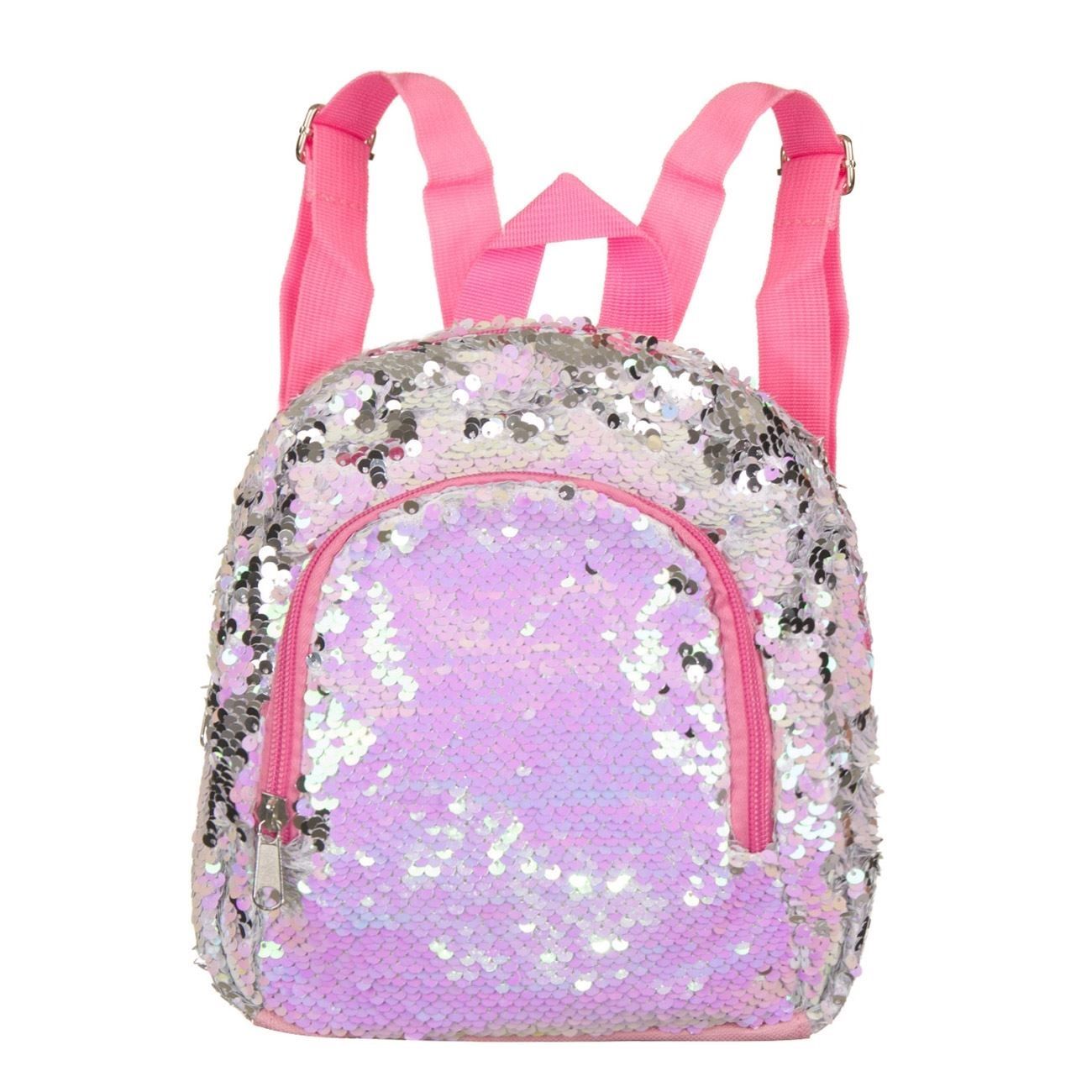 Ghiozdan roz cu paiete revresibile, se inchide cu fermoar , are 2 curele ajutabile, pentru fete, ATS
