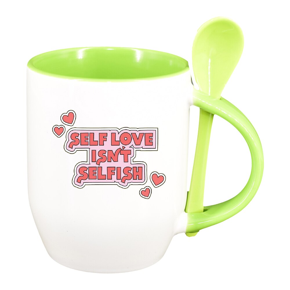 Cana cu mesaj Self Love cu lingurita, interior verde deschis, 330ml, D1429