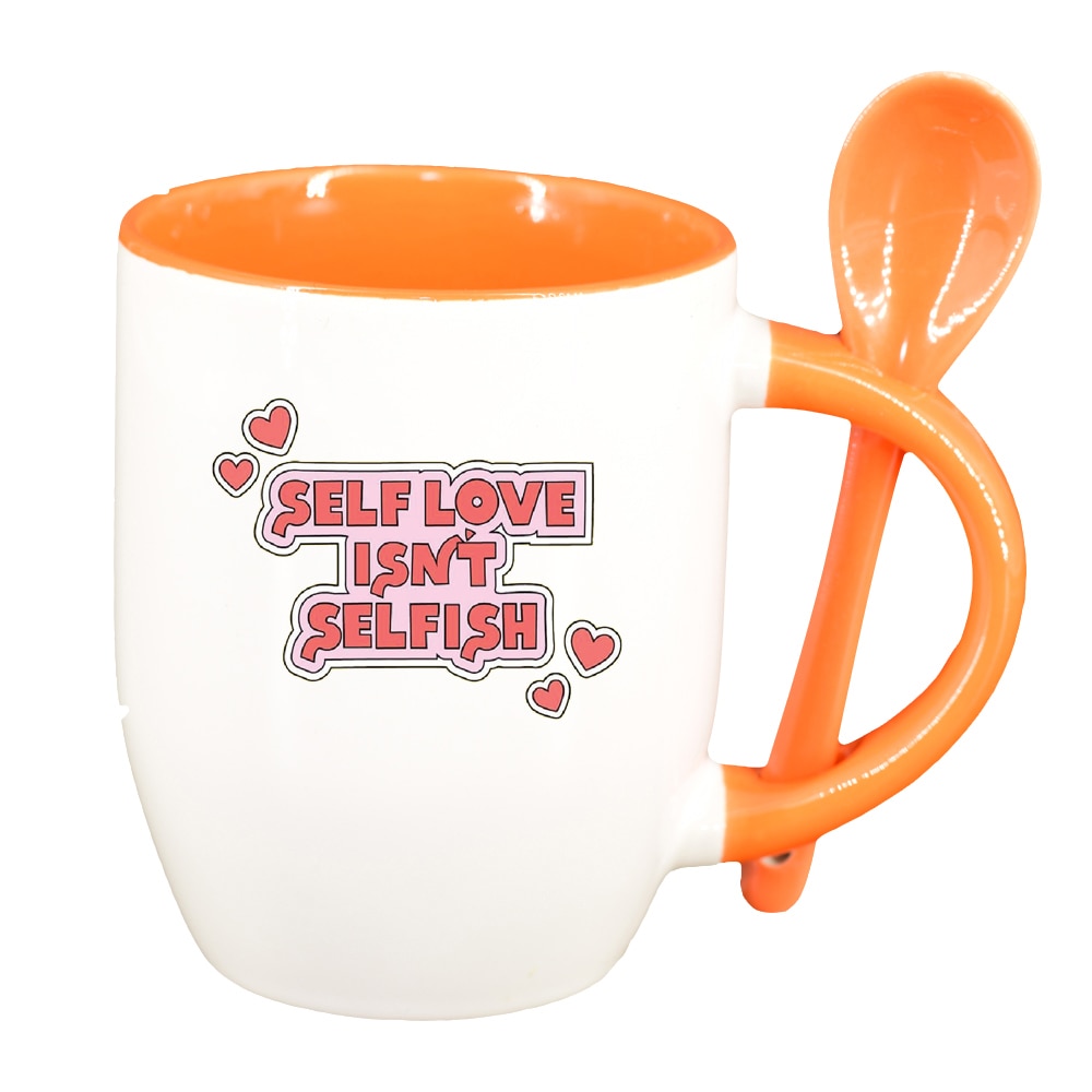 Cana cu mesaj Self Love cu lingurita, interior portocaliu, 330ml, D1429