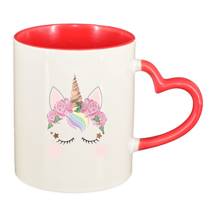 Unikornis bögre, piros belső, szív fogantyú, 330ml, D1431
