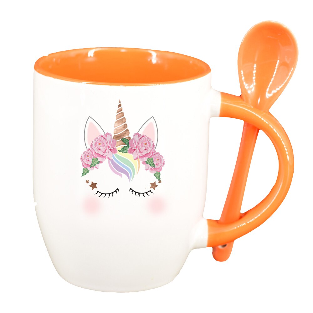 Cana Unicorn cu lingurita, interior portocaliu, 330ml, D1431