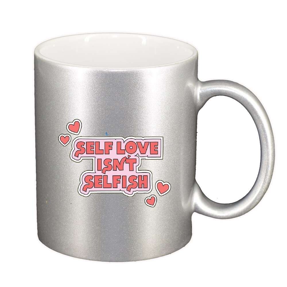 Cana cu mesaj Self Love, argintiu sidefata, 330ml, D1429