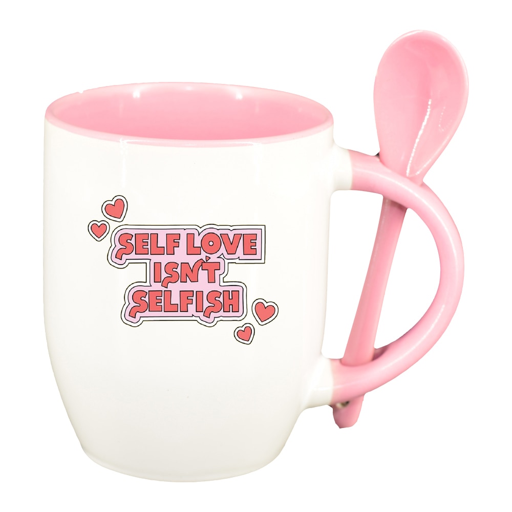 Cana cu mesaj Self Love cu lingurita, interior roz, 330ml, D1429