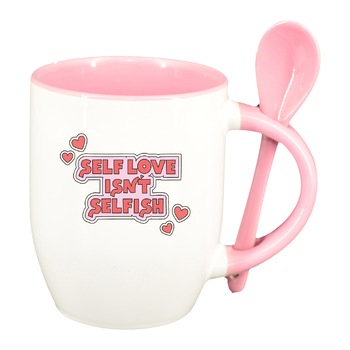 Cana cu mesaj Self Love cu lingurita, interior roz, 330ml, D1429 Cana cu mesaj Self Love cu lingurita, interior roz, 330ml, D1429