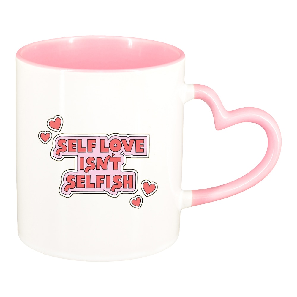 Cana cu mesaj Self Love, interior roz, maner inima, 330ml, D1429