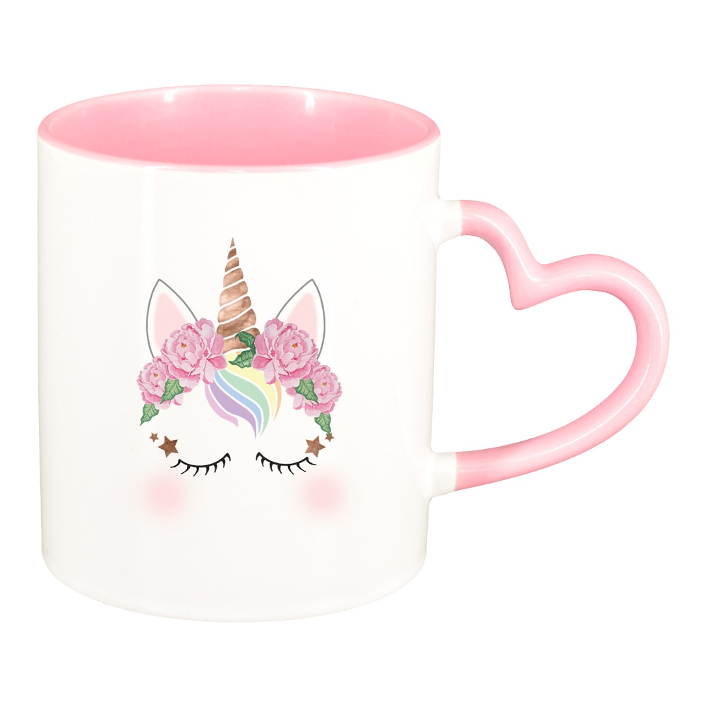 Cana Unicorn, interior roz, maner inima, 330ml, D1431