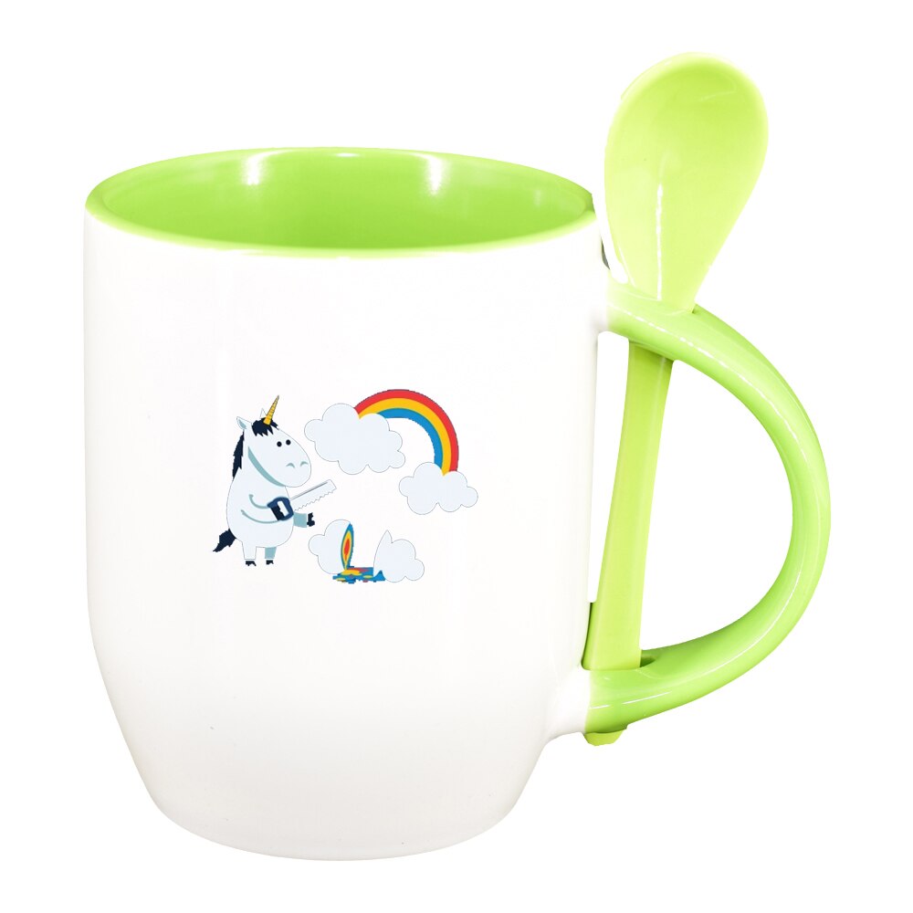 Cana Unicorn - Rainbow cu lingurita, interior verde deschis, 330ml, D1432