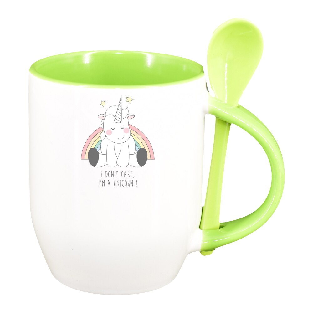 Cana I Don't Care - Unicorn cu lingurita, interior verde deschis, 330ml, D1430