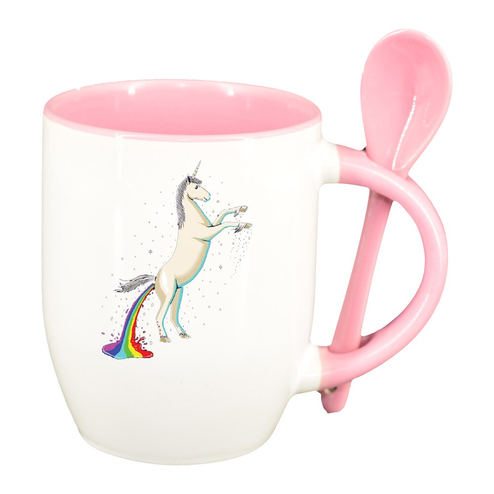 Cana Unicorn - Rainbow cu lingurita, interior roz, 330ml, D1434