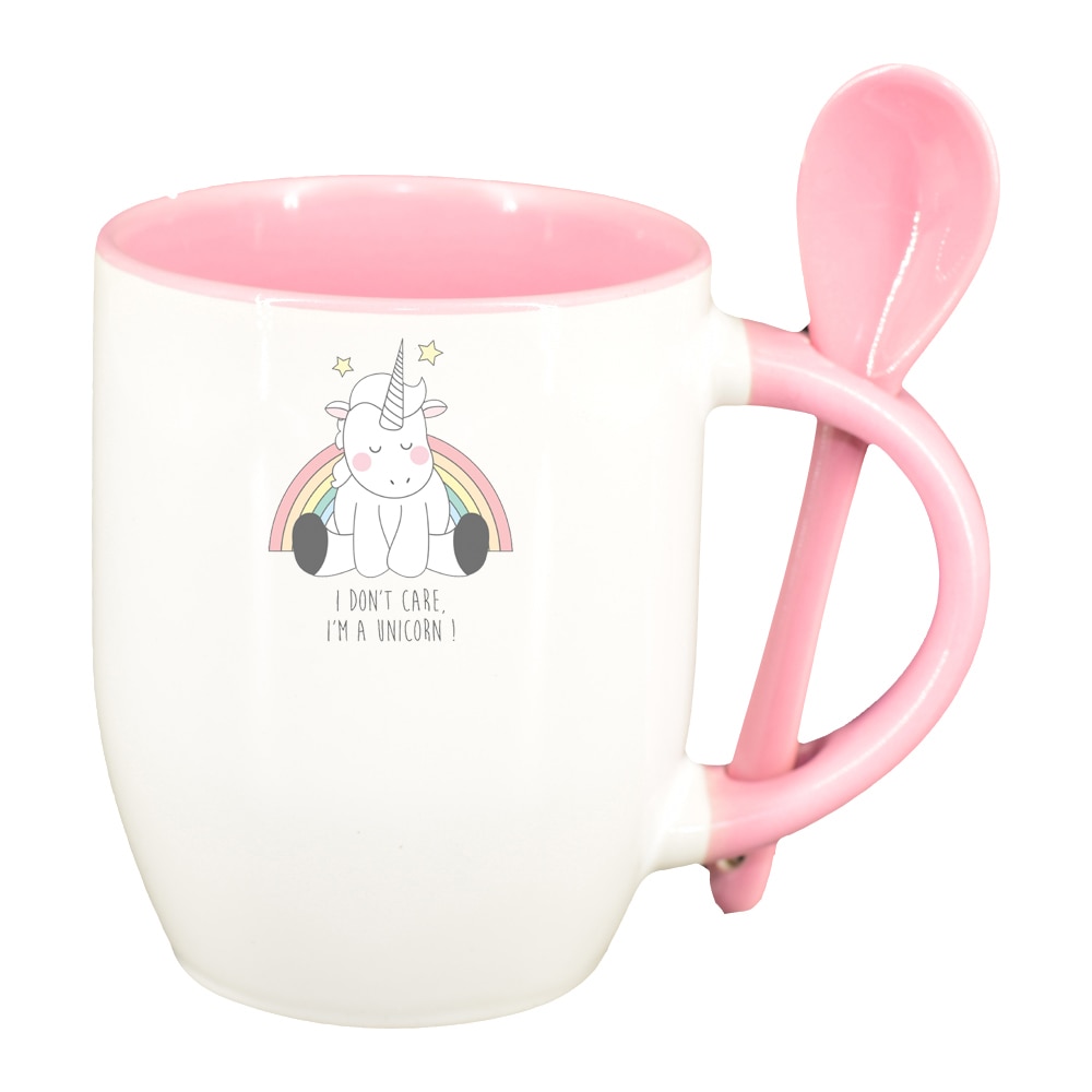 Cana I Don't Care - Unicorn cu lingurita, interior roz, 330ml, D1430