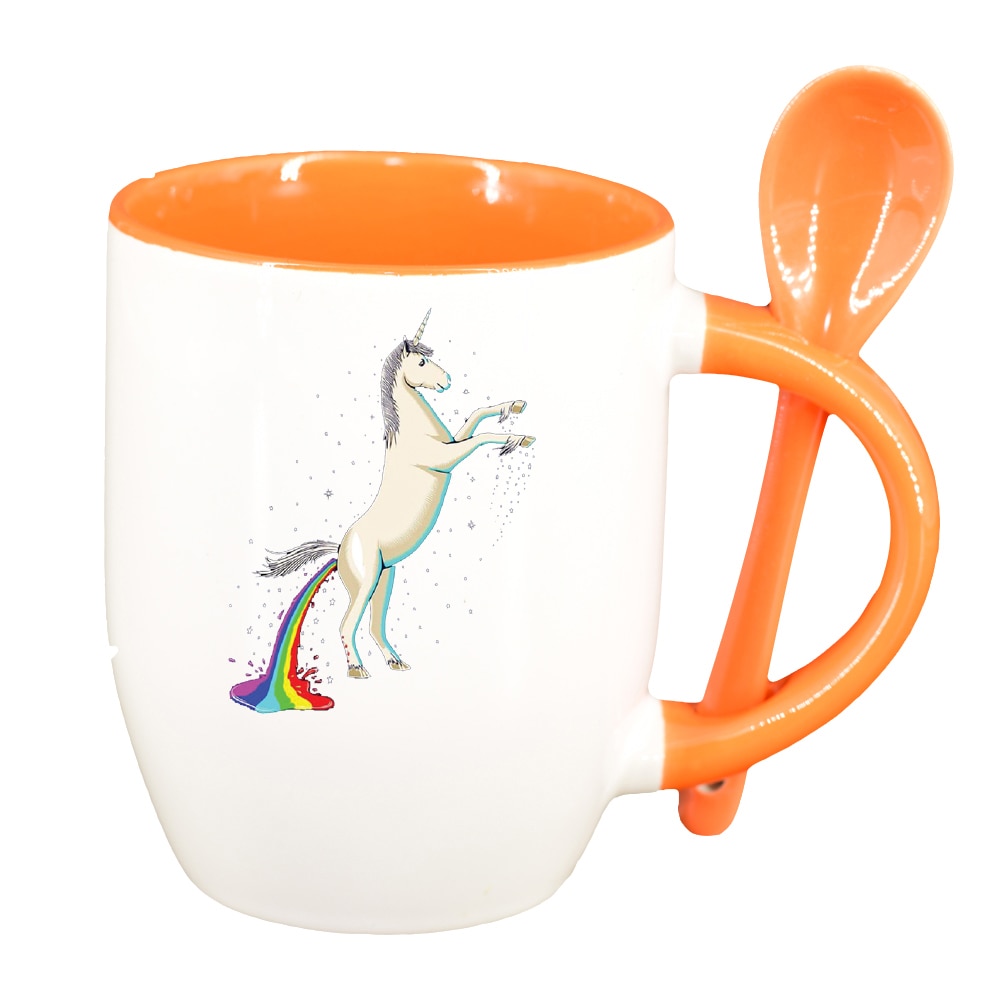 Cana Unicorn - Rainbow cu lingurita, interior portocaliu, 330ml, D1434