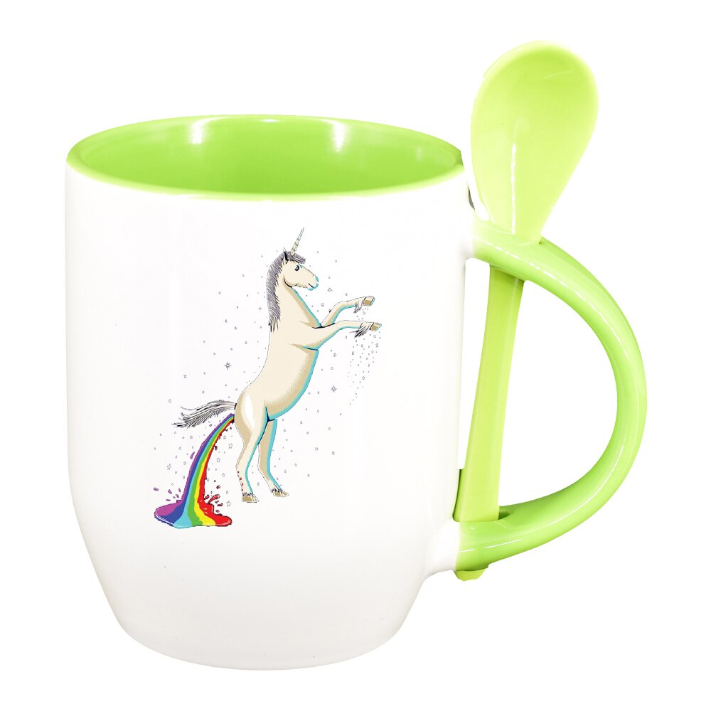 Cana Unicorn - Rainbow cu lingurita, interior verde deschis, 330ml, D1434