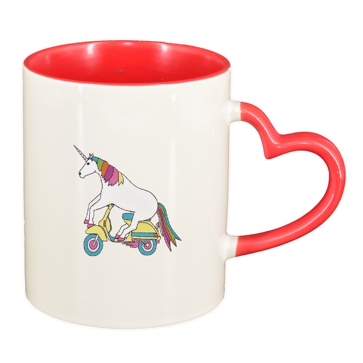 Unikornis bögre - Vespa, piros belső, szív fogantyú, 330ml, D1433