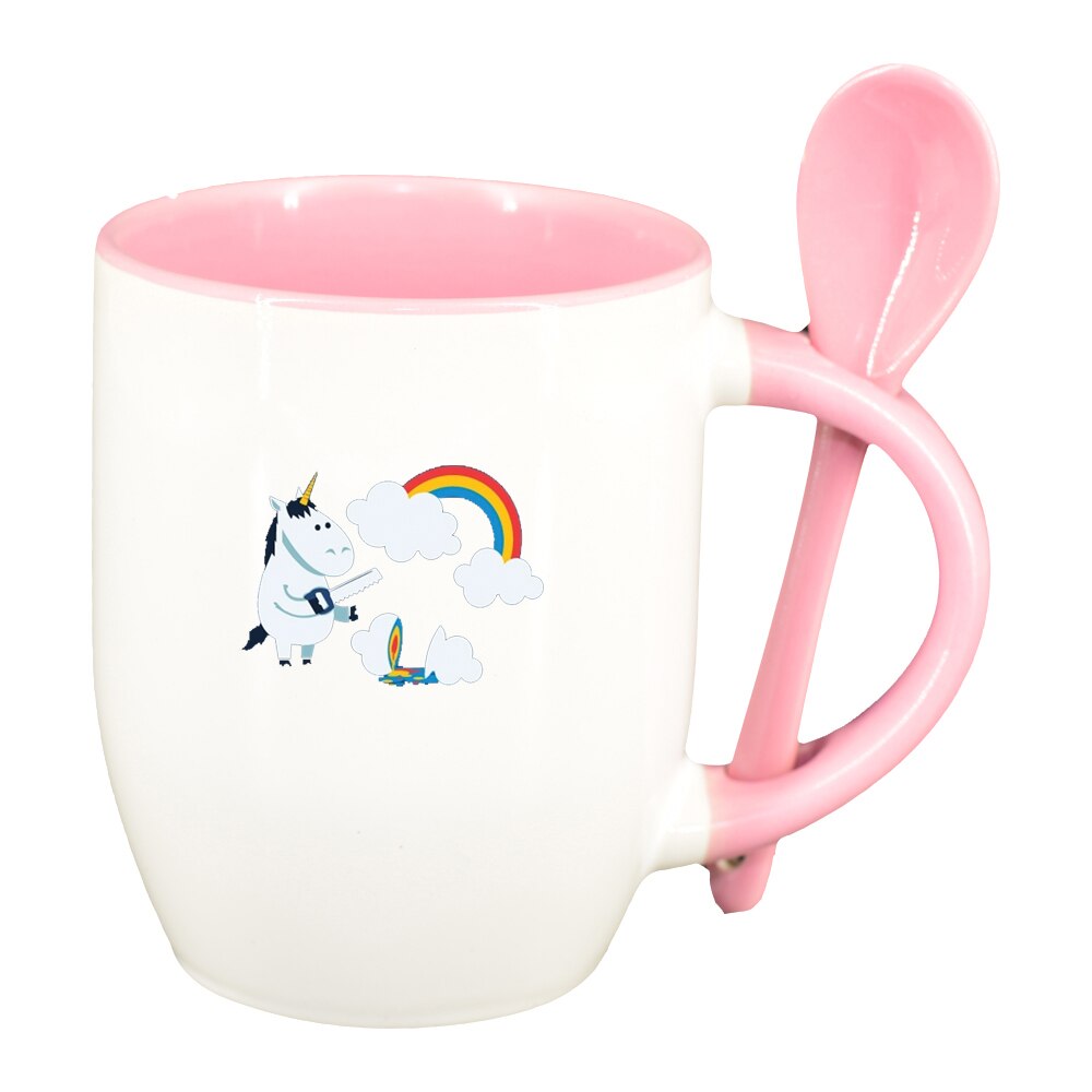 Cana Unicorn - Rainbow cu lingurita, interior roz, 330ml, D1432